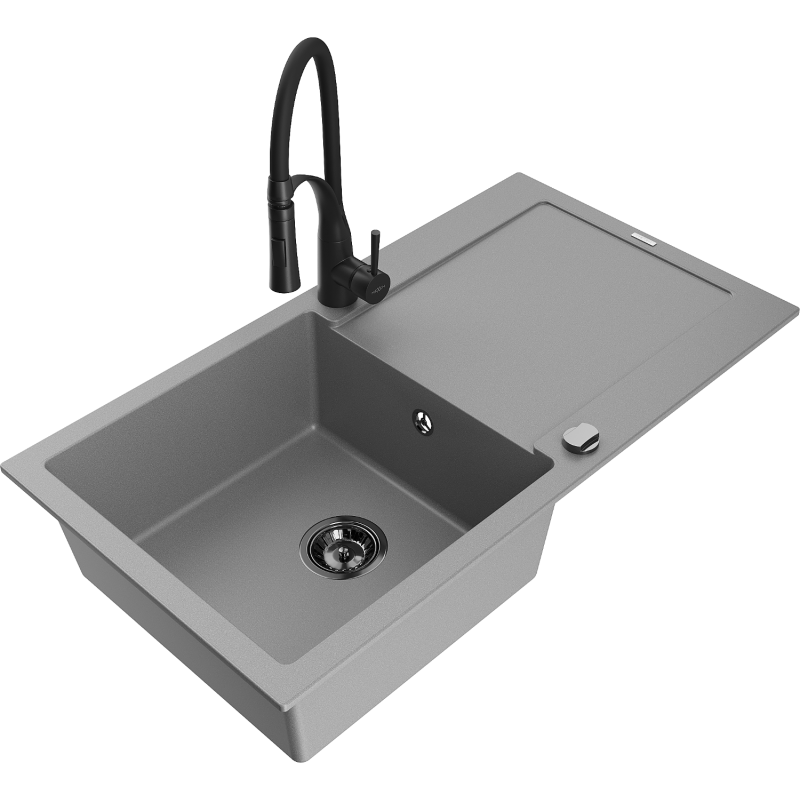 Mexen Leo 1-bowl granite sink with drainer and Aster kitchen tap, grey - 6501-71-73450-70-B