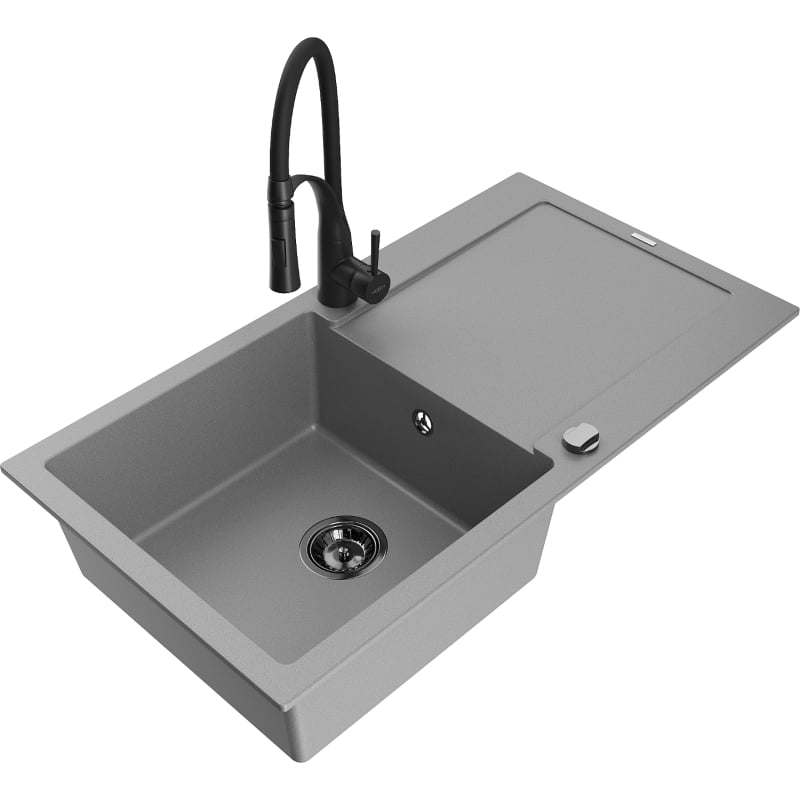 Mexen Leo granite kitchen sink 1-bowl with drainer and Aster kitchen faucet, gray - 6501-71-73450-70-B