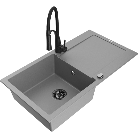 Mexen Leo 1-compartment granite sink with a drip tray and kitchen mixer tap Aster, Grey - 6501-71-73450-70-B