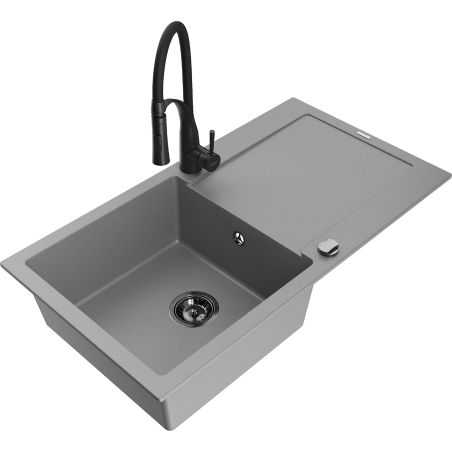 Mexen Leo single-bowl granite sink with drainer and Aster kitchen faucet, gray - 6501-71-73450-70-B