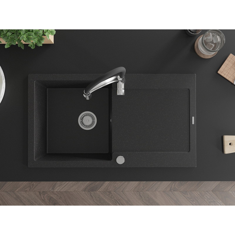 Mexen Leo granite sink 1-bowl with drainer and kitchen faucet Aster, black/silver metallic - 6501-73-73450-07