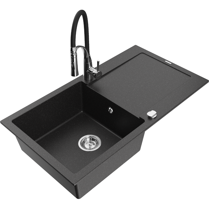 Mexen Leo 1-compartment granite sink with a drip tray and kitchen mixer tap Aster, Black/Silver metallic - 6501-73-73450-07