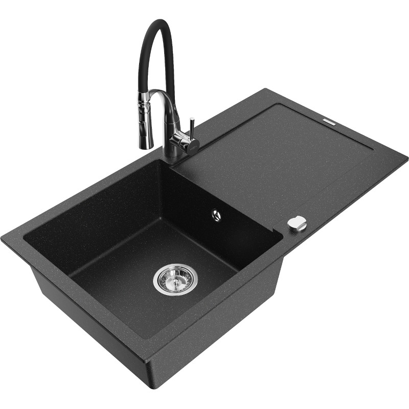 Mexen Leo granite sink 1-bowl with drainer and kitchen faucet Aster, black/silver metallic - 6501-73-73450-07