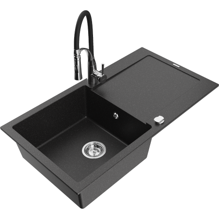 Mexen Leo granite sink 1-bowl with drainer and kitchen faucet Aster, black/silver metallic - 6501-73-73450-07