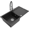 Mexen Leo granite sink 1-bowl with drainer and kitchen faucet Aster, black/silver metallic - 6501-73-73450-07