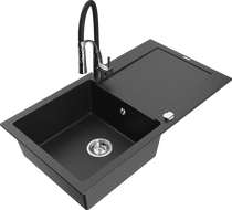 Mexen Leo granite sink 1-bowl with drainer and kitchen faucet Aster, black/silver metallic - 6501-73-73450-07