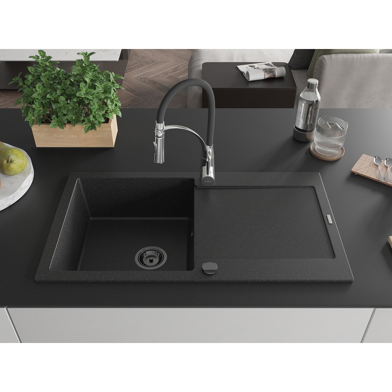 Mexen Leo Granite 1-Bowl Sink with Drainer and Kitchen Faucet Aster, Black/Silver Metallic - 501-73-73450-07-B