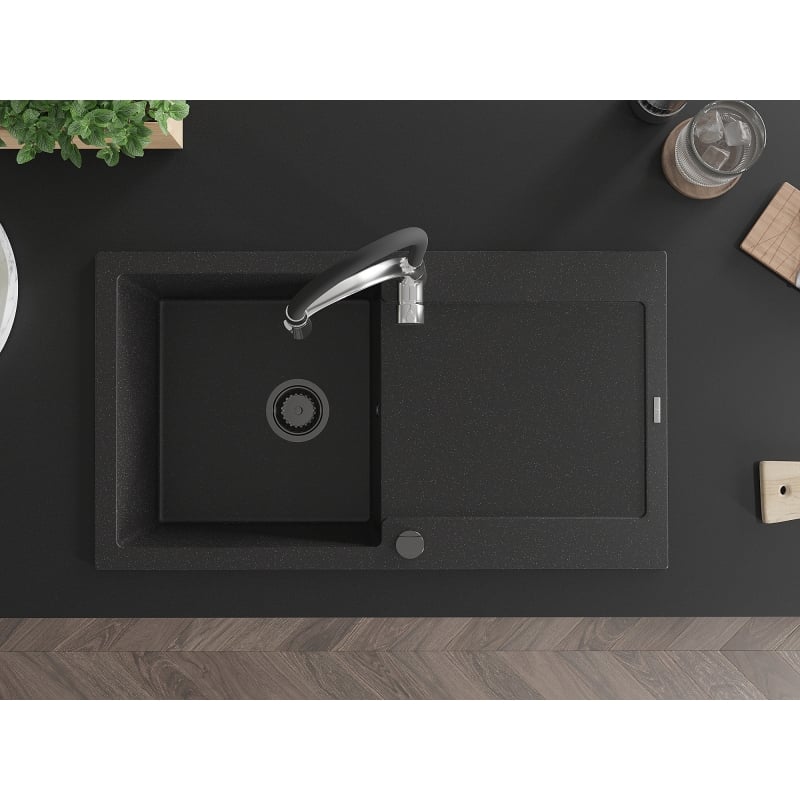 Mexen Leo 1-Bowl Granite Kitchen Sink with Drainer and Aster Kitchen Faucet, Black/Silver Metallic - 501-73-73450-07-B