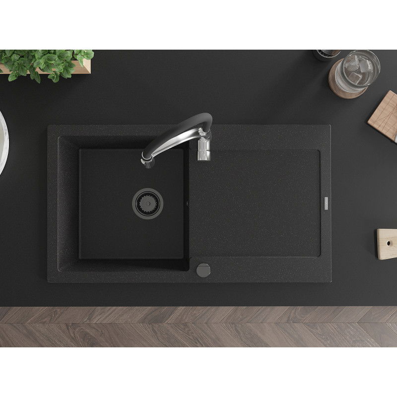 Mexen Leo 1-bowl granite sink with drainer and Aster kitchen tap, black/silver metallic - 501-73-73450-07-B