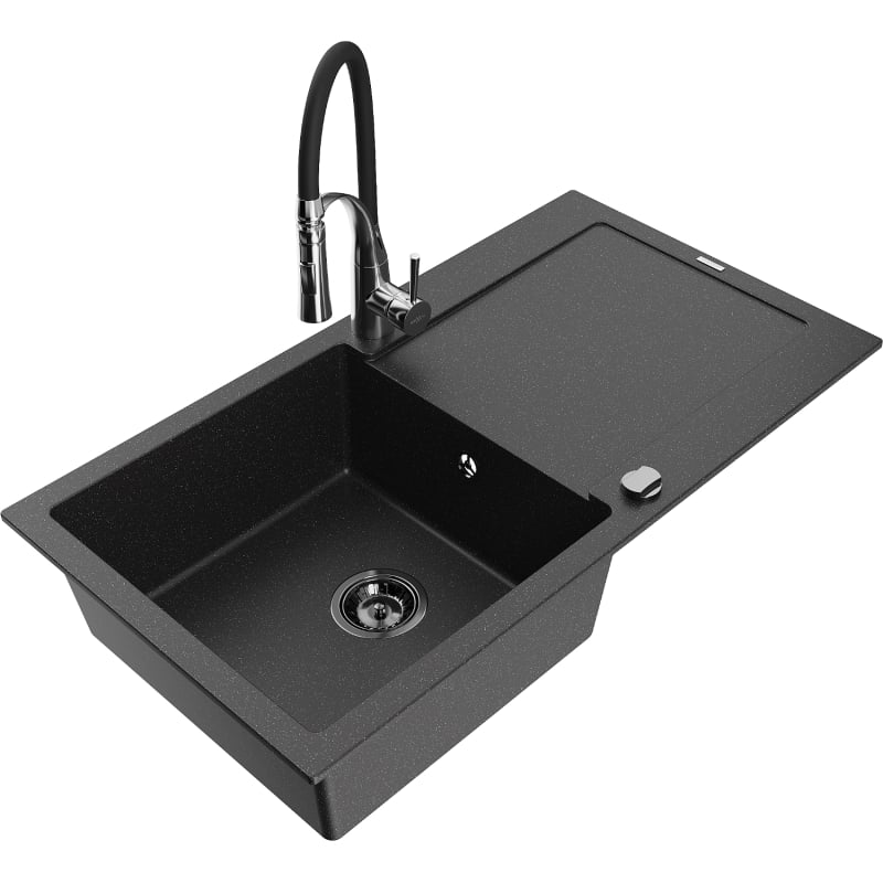 Mexen Leo Granite 1-Bowl Sink with Drainer and Kitchen Faucet Aster, Black/Silver Metallic - 501-73-73450-07-B