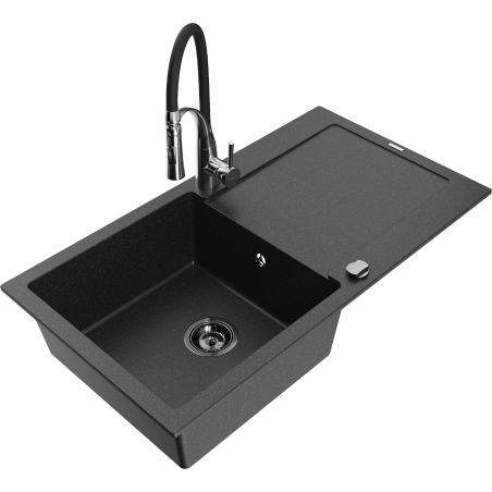 Mexen Leo 1-Bowl Granite Kitchen Sink with Drainer and Aster Kitchen Faucet, Black/Silver Metallic - 501-73-73450-07-B