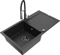 Mexen Leo 1-Bowl Granite Kitchen Sink with Drainer and Aster Kitchen Faucet, Black/Silver Metallic - 501-73-73450-07-B