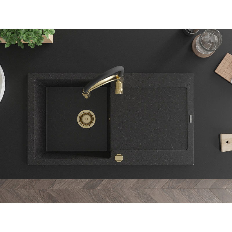 Mexen Leo granite sink with single bowl, drainer, and Aster kitchen tap, black/silver metallic - 6501-73-73450-57-G