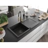 Mexen Leo granite sink 1-bowl with drainer and kitchen faucet Aster, black/silver metallic - 6501-73-73450-57-B