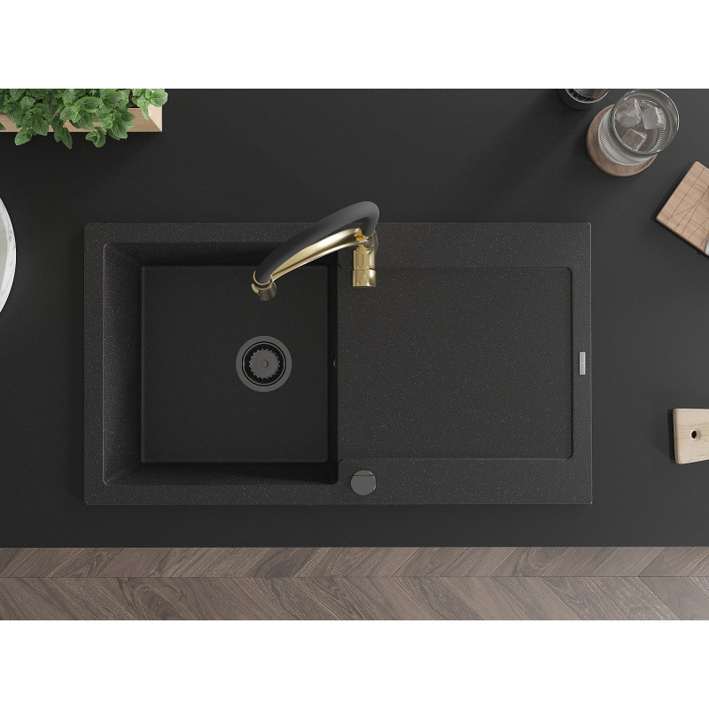 Mexen Leo granite kitchen sink single-bowl with drainer and kitchen faucet Aster, black/silver metallic - 6501-73-73450-57-B