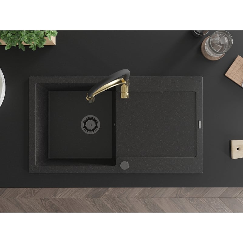 Mexen Leo granite sink 1-bowl with drainer and kitchen faucet Aster, black/silver metallic - 6501-73-73450-57-B