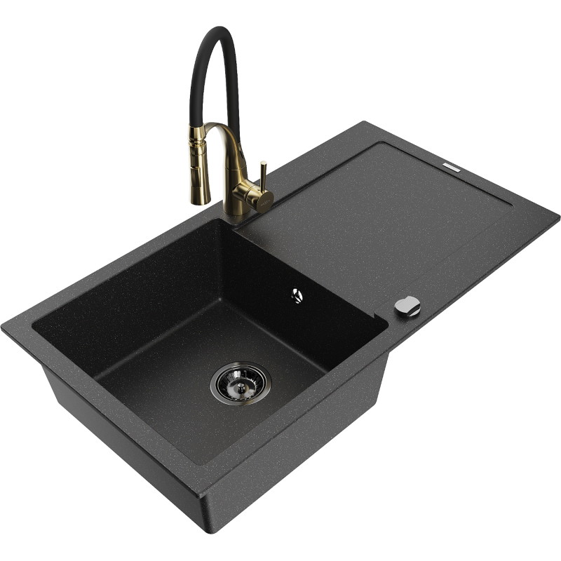 Mexen Leo granite sink 1-bowl with drainer and kitchen faucet Aster, black/silver metallic - 6501-73-73450-57-B