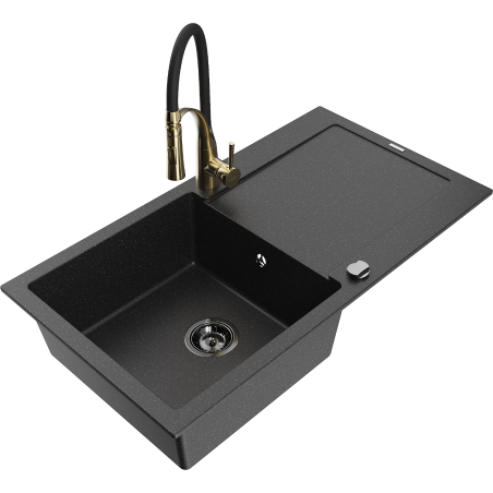 Mexen Leo granite kitchen sink single-bowl with drainer and kitchen faucet Aster, black/silver metallic - 6501-73-73450-57-B