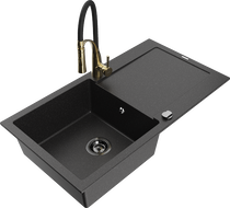 Mexen Leo granite sink 1-bowl with drainer and kitchen faucet Aster, black/silver metallic - 6501-73-73450-57-B