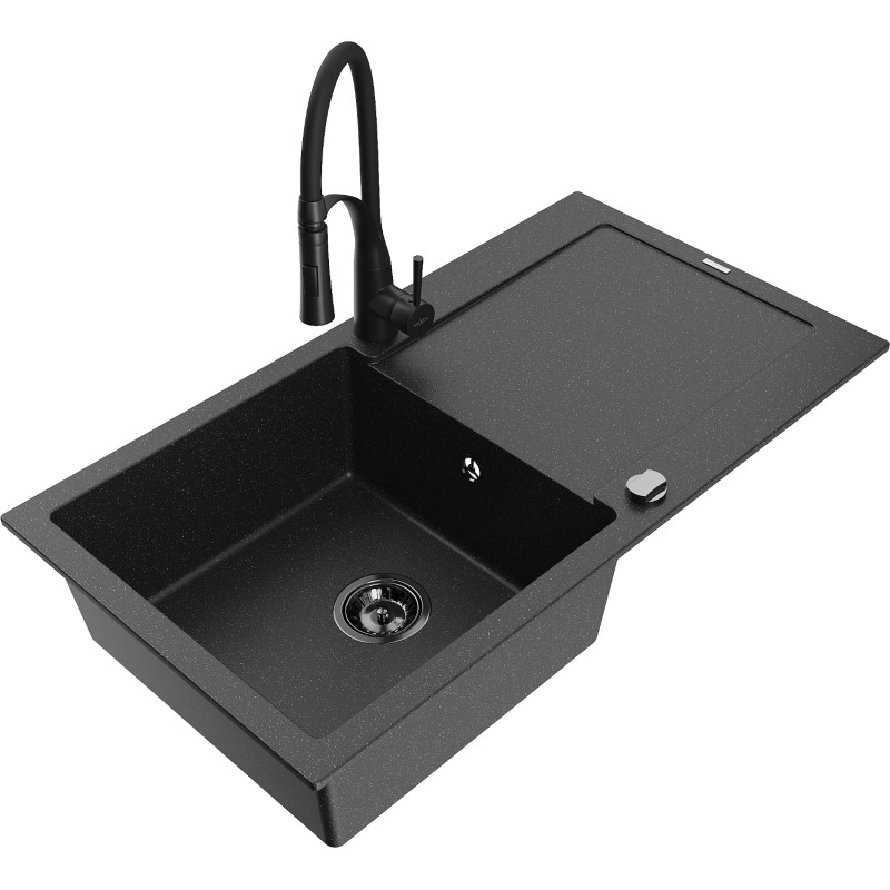 Mexen Leo granite sink 1-bowl with drainer and Aster kitchen faucet, black/silver metallic - 6501-73-73450-70-B