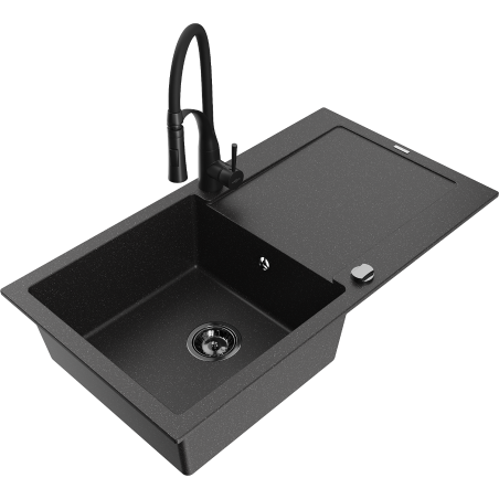 Mexen Leo 1-bowl granite sink with drainer and Aster kitchen faucet, black/silver metallic - 6501-73-73450-70-B