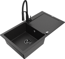 Mexen Leo granite sink 1-bowl with drainer and Aster kitchen faucet, black/silver metallic - 6501-73-73450-70-B