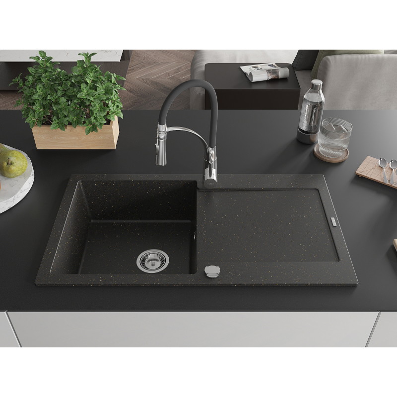 Mexen Leo granite kitchen sink 1-bowl with drainer and kitchen faucet Aster, black/gold metallic - 6501-75-73450-07