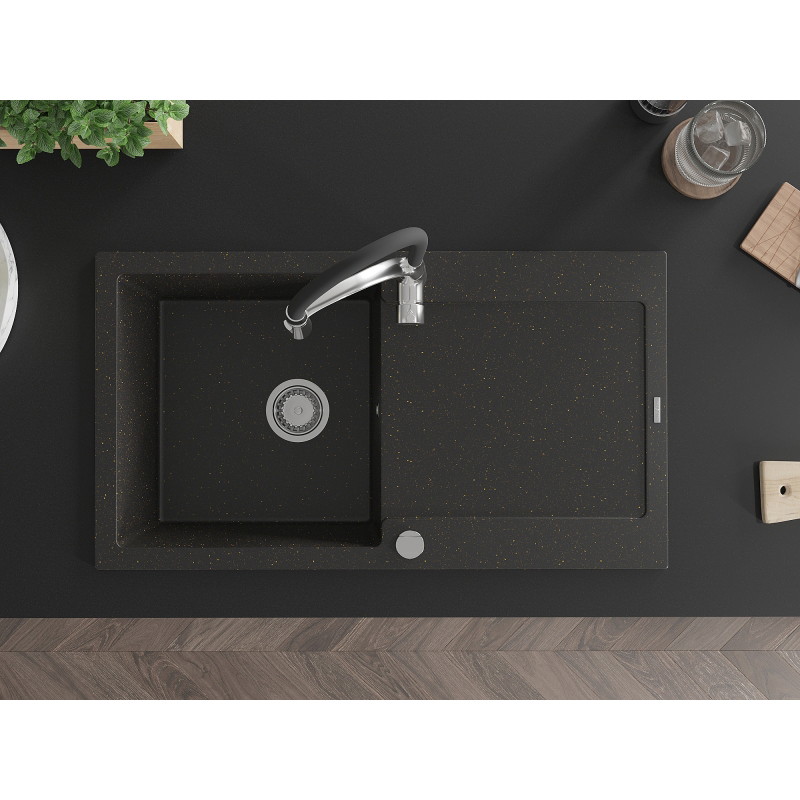 Mexen Leo Granite Kitchen Sink Single-Bowl with Drainer and Aster Kitchen Faucet, Black/Gold Metallic - 6501-75-73450-07