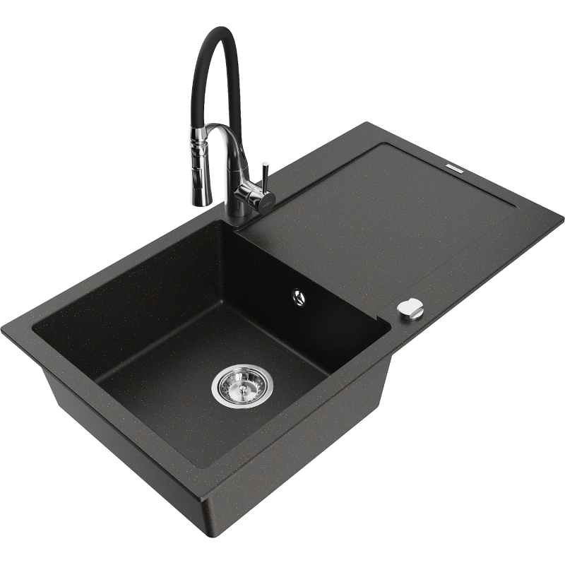 Mexen Leo 1-compartment granite sink with a drip tray and kitchen mixer tap Aster, Black/Gold metallic - 6501-75-73450-07