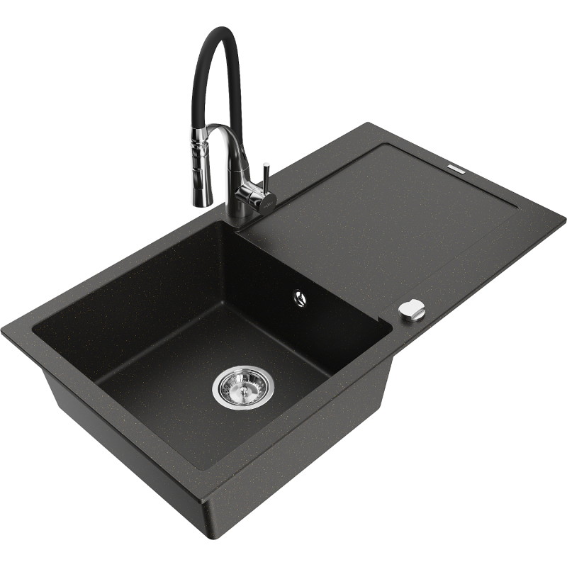 Mexen Leo granite kitchen sink 1-bowl with drainer and kitchen faucet Aster, black/gold metallic - 6501-75-73450-07
