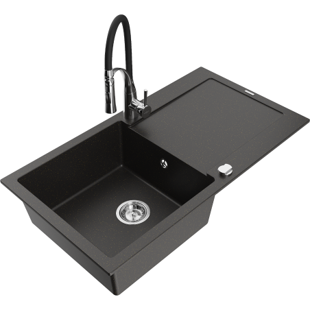 Mexen Leo Granite Kitchen Sink Single-Bowl with Drainer and Aster Kitchen Faucet, Black/Gold Metallic - 6501-75-73450-07