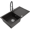 Mexen Leo granite kitchen sink 1-bowl with drainer and kitchen faucet Aster, black/gold metallic - 6501-75-73450-07