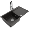 Mexen Leo Granite Kitchen Sink Single-Bowl with Drainer and Aster Kitchen Faucet, Black/Gold Metallic - 6501-75-73450-07