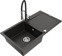 Mexen Leo granite kitchen sink 1-bowl with drainer and kitchen faucet Aster, black/gold metallic - 6501-75-73450-07