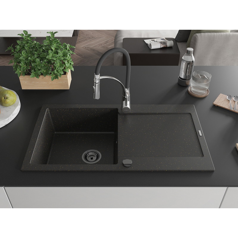 Mexen Leo 1-bowl granite sink with drainer and kitchen faucet Aster, black/gold metallic - 6501-75-73450-07-B