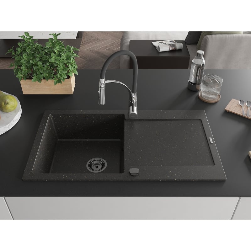 Mexen Leo granite sink with 1 bowl, drainer and Aster kitchen faucet, black/gold metallic - 6501-75-73450-07-B
