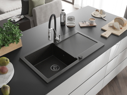 Mexen Leo 1-bowl granite sink with drainer and kitchen faucet Aster, black/gold metallic - 6501-75-73450-07-B