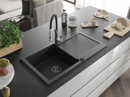 Mexen Leo 1-compartment granite sink with a drip tray and kitchen mixer tap Aster, Black/Gold metallic - 6501-75-73450-07-B