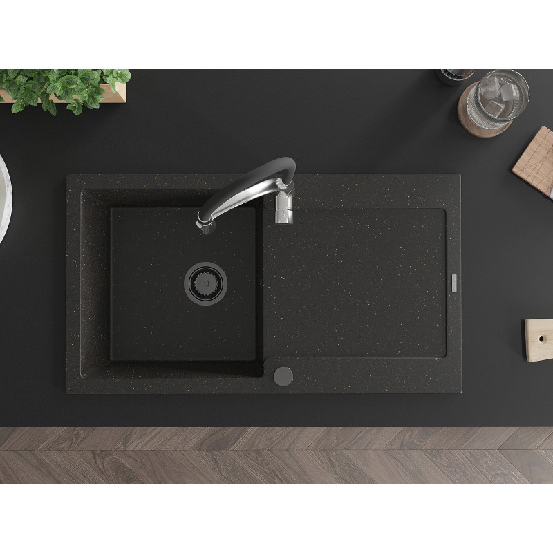 Mexen Leo granite sink with 1 bowl, drainer and Aster kitchen faucet, black/gold metallic - 6501-75-73450-07-B