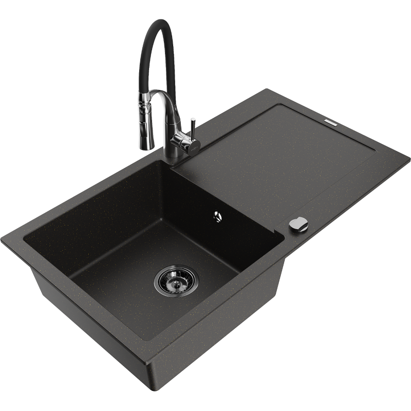 Mexen Leo 1-bowl granite sink with drainer and Aster kitchen tap, black/gold metallic - 6501-75-73450-07-B