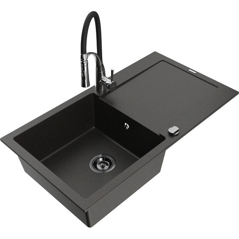 Mexen Leo 1-bowl granite sink with drainer and kitchen faucet Aster, black/gold metallic - 6501-75-73450-07-B