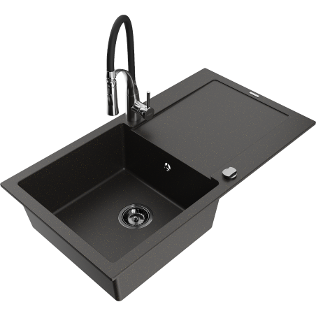 Mexen Leo 1-bowl granite sink with drainer and Aster kitchen tap, black/gold metallic - 6501-75-73450-07-B