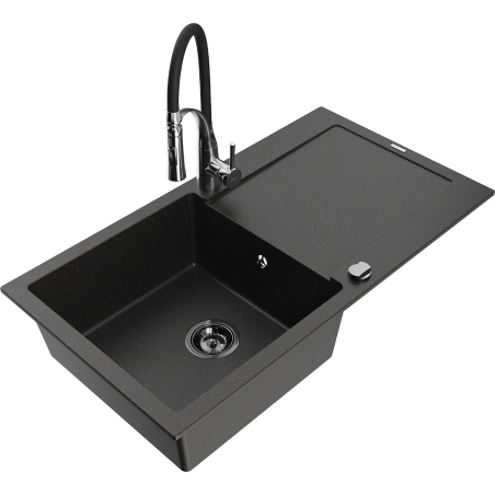 Mexen Leo granite sink with 1 bowl, drainer and Aster kitchen faucet, black/gold metallic - 6501-75-73450-07-B