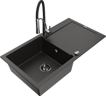 Mexen Leo 1-bowl granite sink with drainer and kitchen faucet Aster, black/gold metallic - 6501-75-73450-07-B