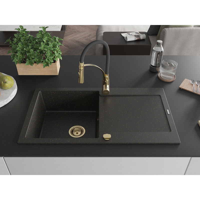 Mexen Leo 1-bowl granite kitchen sink with drainer and Aster kitchen tap, black/golden metallic - 6501-75-73450-57-G