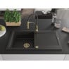 Mexen Leo granite sink 1-bowl with drainer and kitchen faucet Aster, black/golden metallic - 6501-75-73450-57-G
