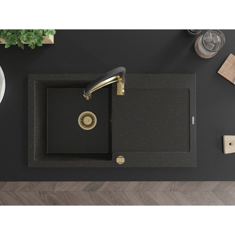 Mexen Leo 1-bowl granite kitchen sink with drainer and Aster kitchen tap, black/golden metallic - 6501-75-73450-57-G