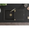 Mexen Leo granite sink 1-bowl with drainer and kitchen faucet Aster, black/golden metallic - 6501-75-73450-57-G