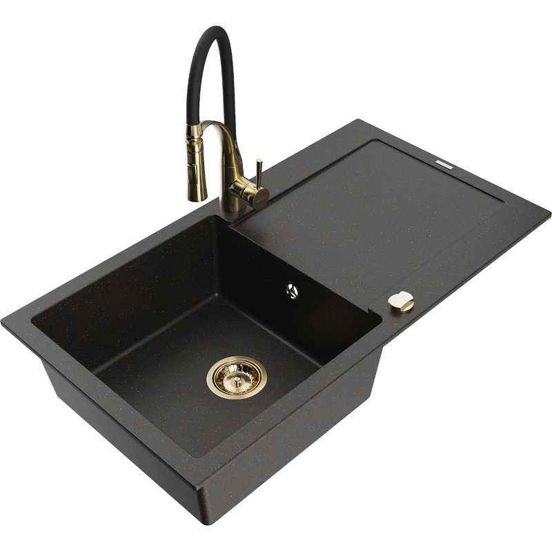 Mexen Leo 1-bowl granite kitchen sink with drainer and Aster kitchen tap, black/golden metallic - 6501-75-73450-57-G