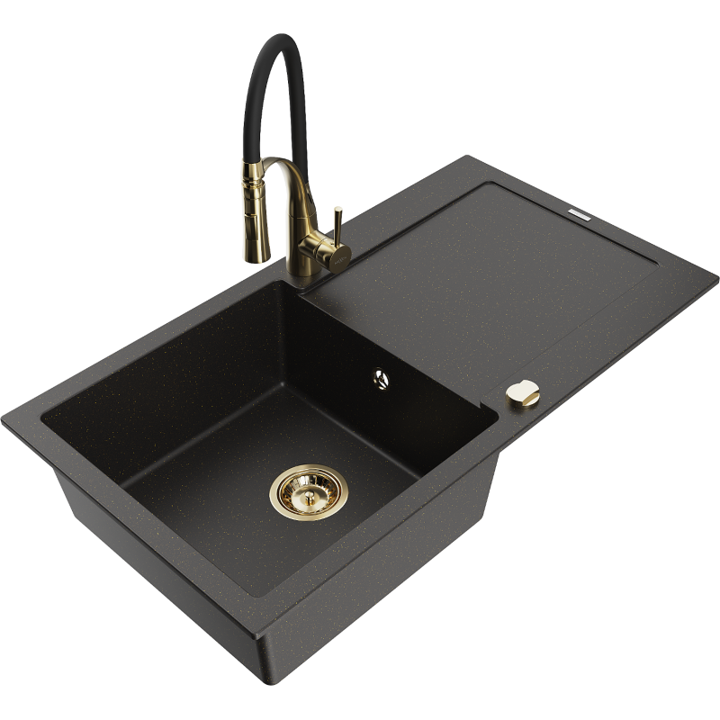Mexen Leo 1-compartment granite sink with a drip tray and kitchen mixer tap Aster, Black/Gold metallic - 6501-75-73450-57-G